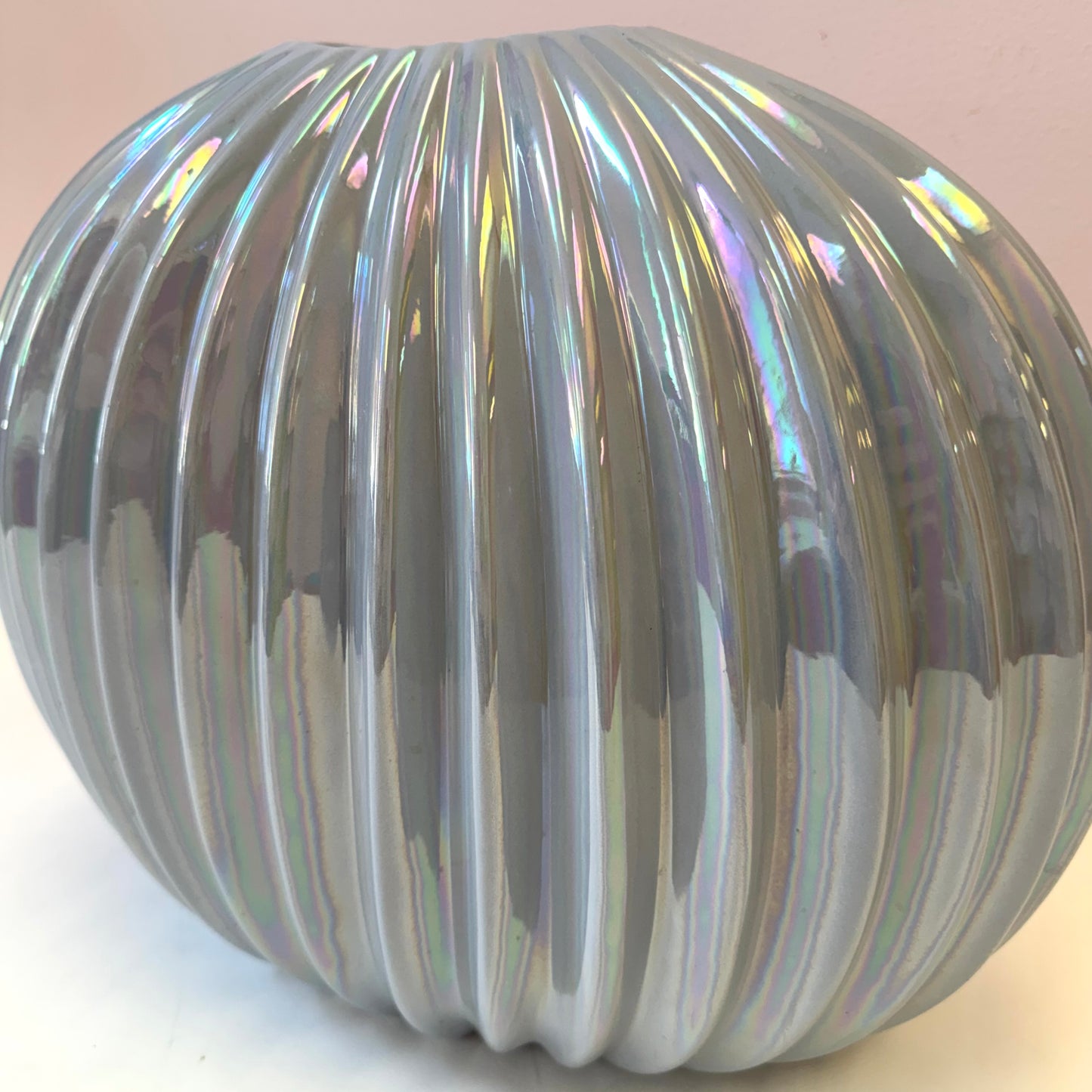 Vintage Pale Blue Opalescent Ribbed Vase