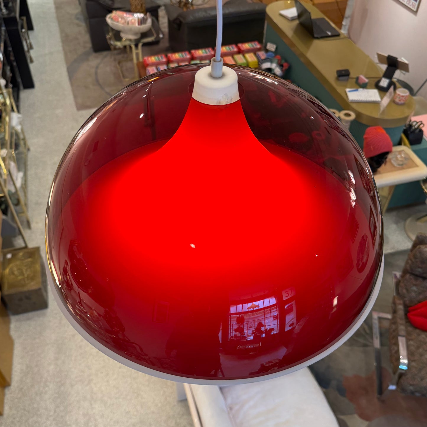 Vintage Red and White Space Age Dome Pendant Light