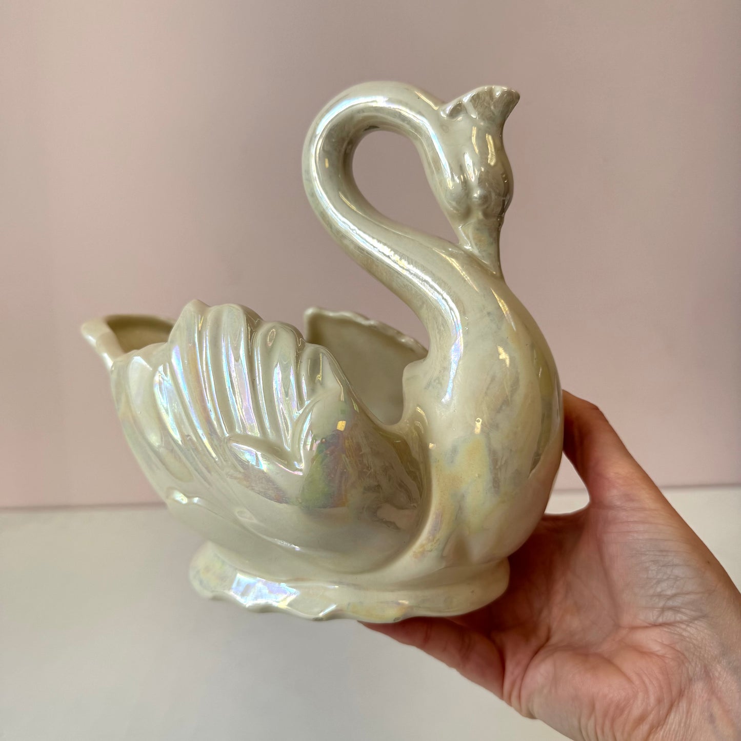Vintage Iridescent Ceramic Swan Planter