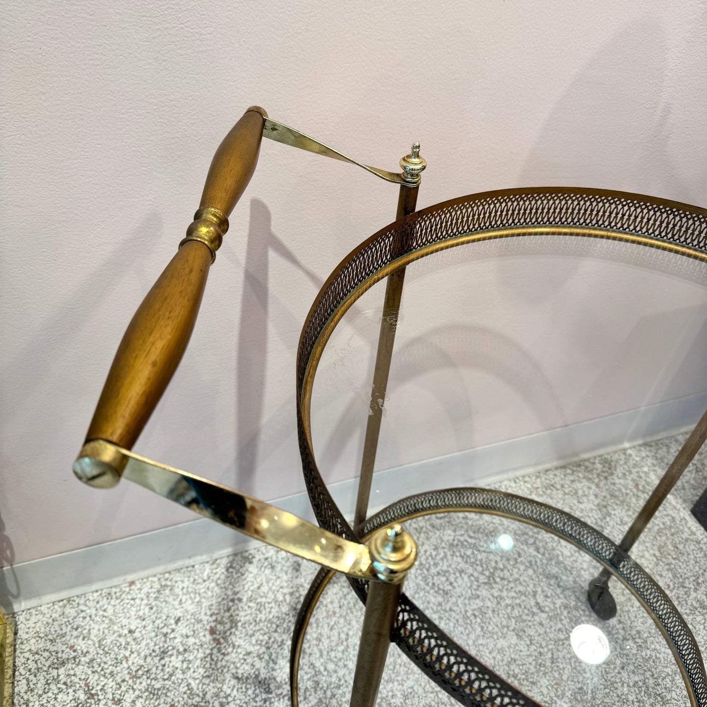 Vintage Mid Century Round Brass and Glass Rolling Bar Cart