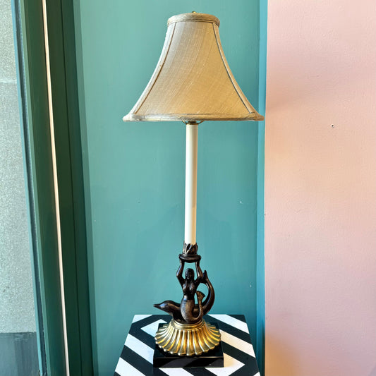 Vintage Mermaid and Dolphin Brass and Bronze Table Lamp with Shade
