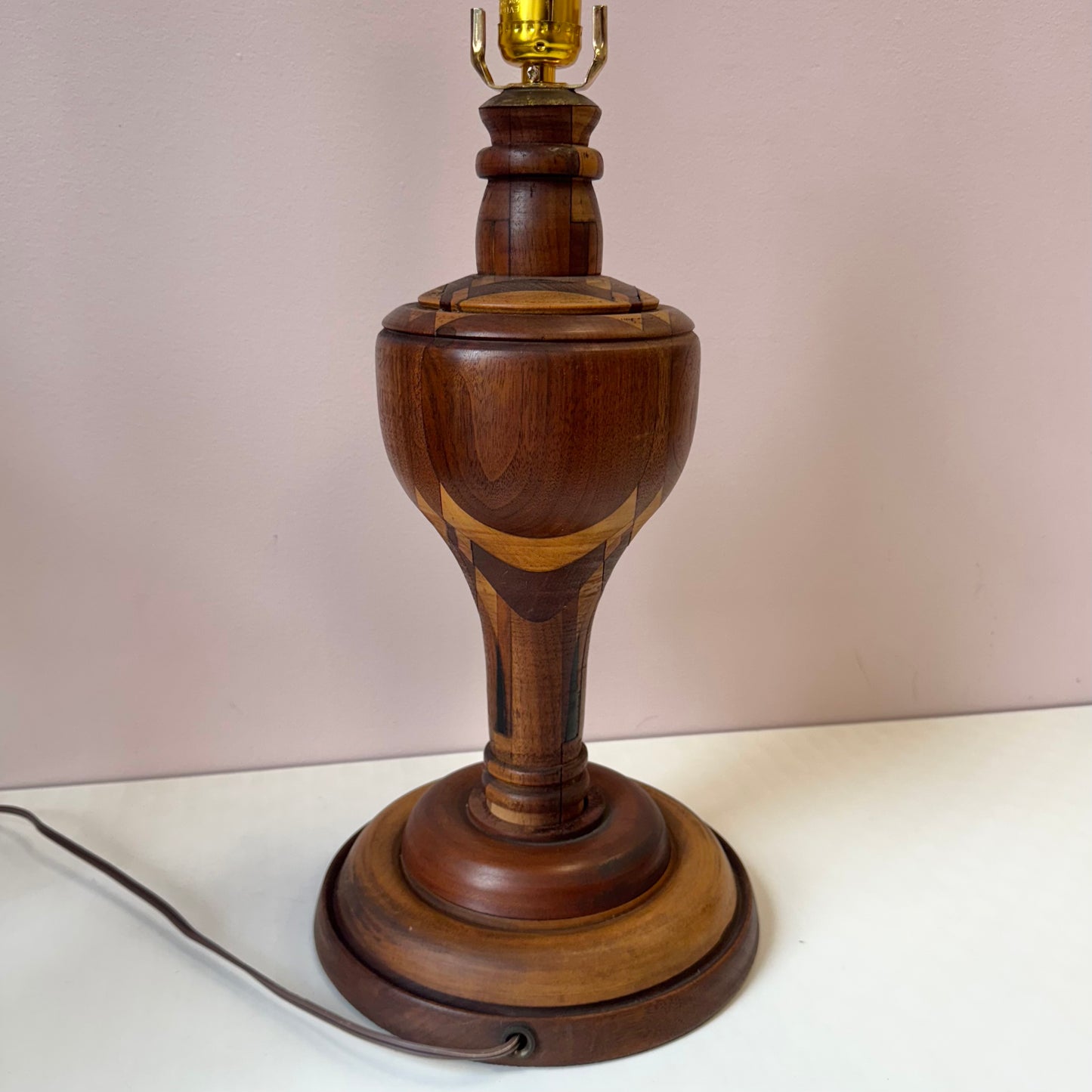 Mid Century Turned Mixed Wood Lamp W/Shade