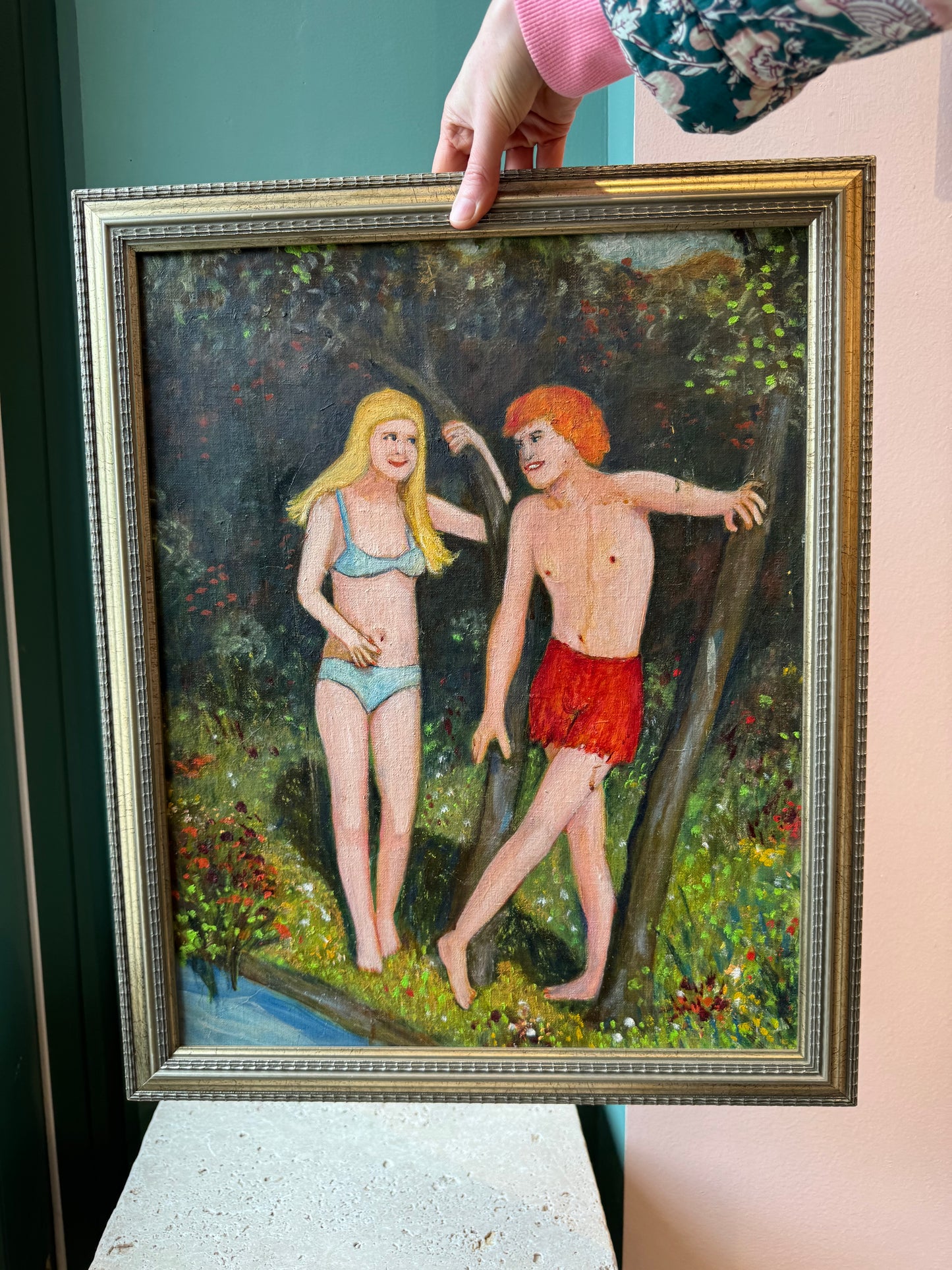 Vintage Original Framed “Couple by a Riverbank 1” Artwork