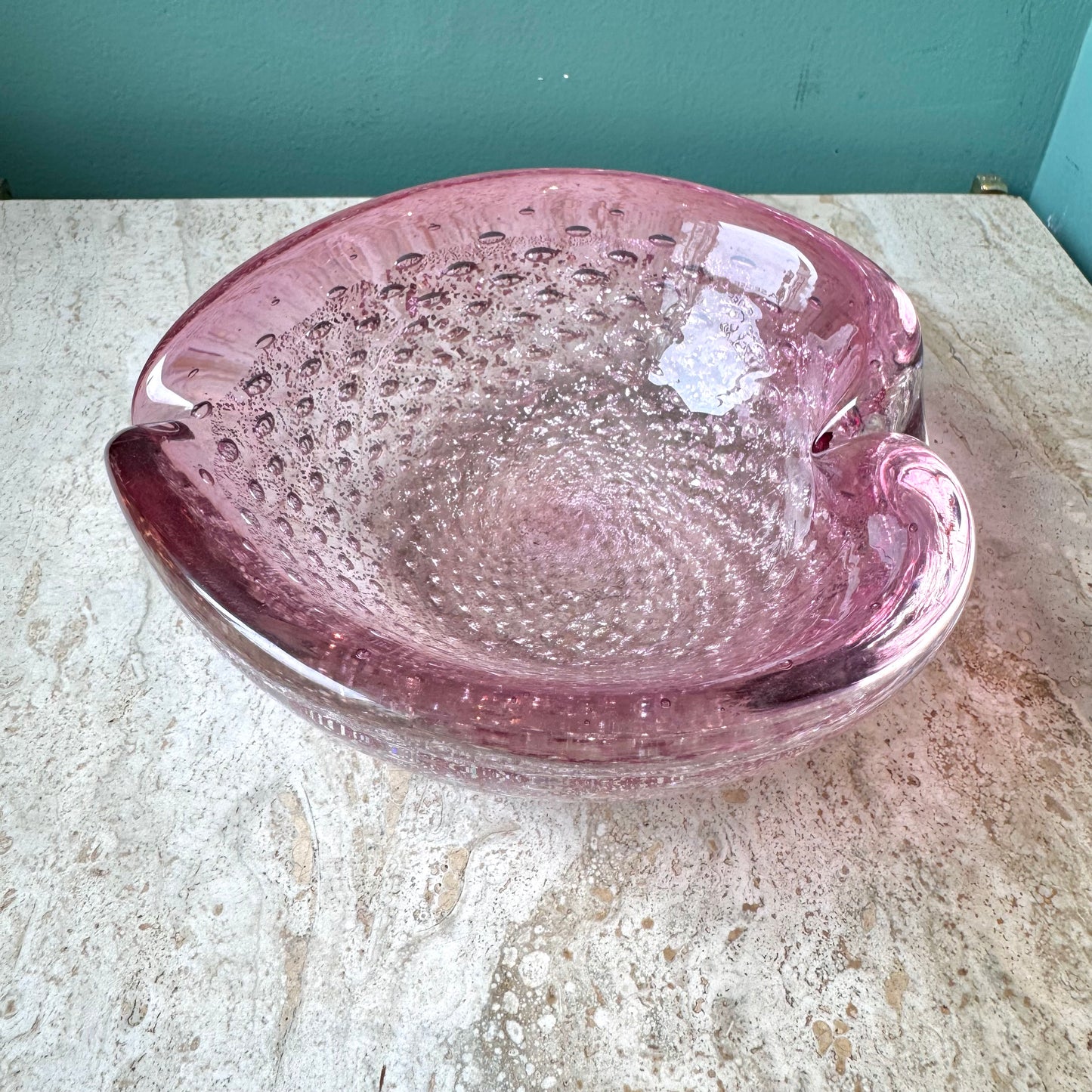 Vintage Signed Pink and Silver Leaf Murano Glass Bowl