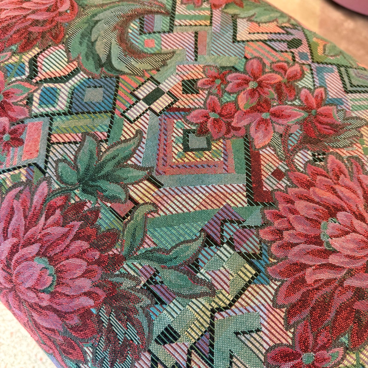 Vintage 1980’s Graphic Floral Upholstered Parson’s Ottoman Bench