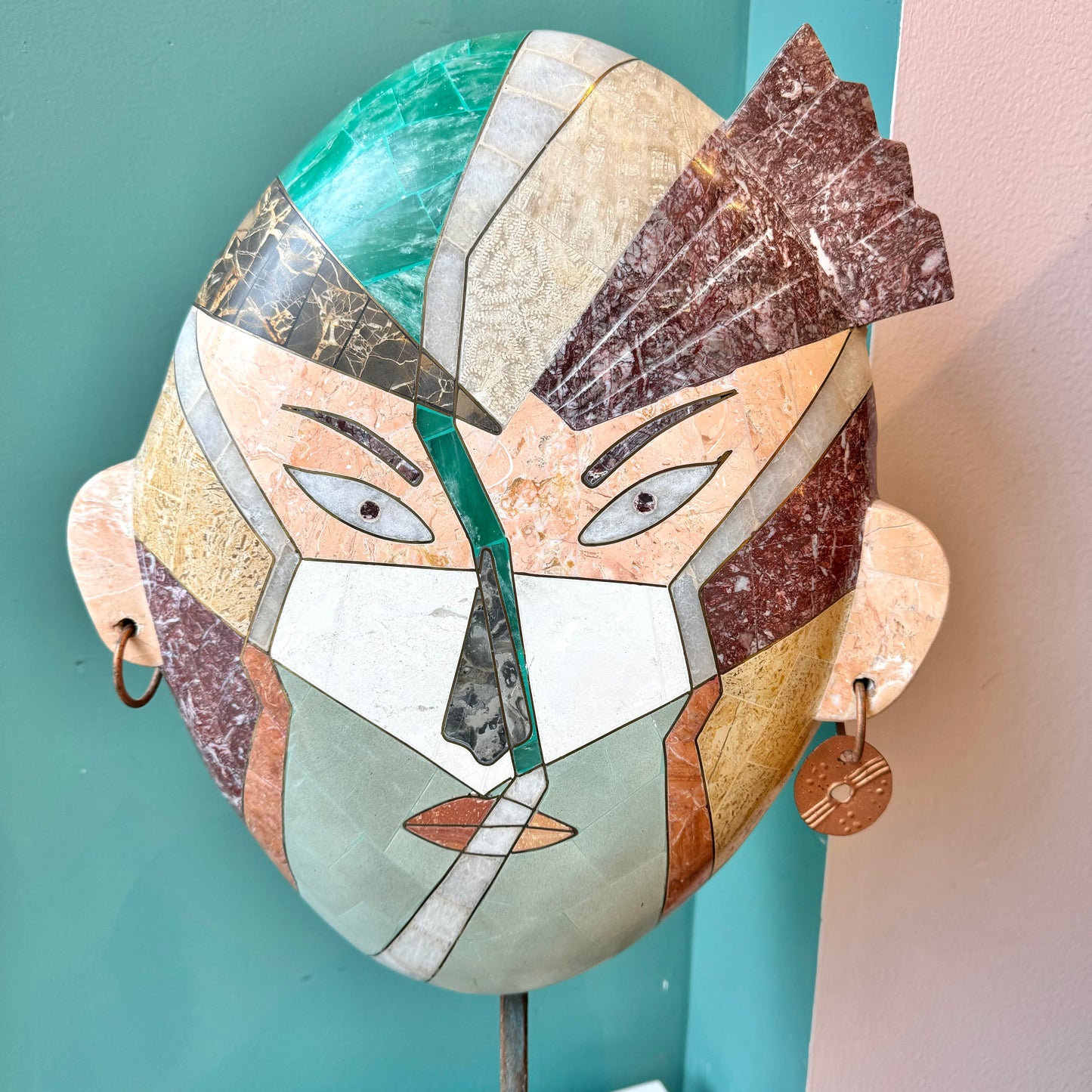 Vintage Tessellated Stone Face Mask Sculpture by Joseph De Castro