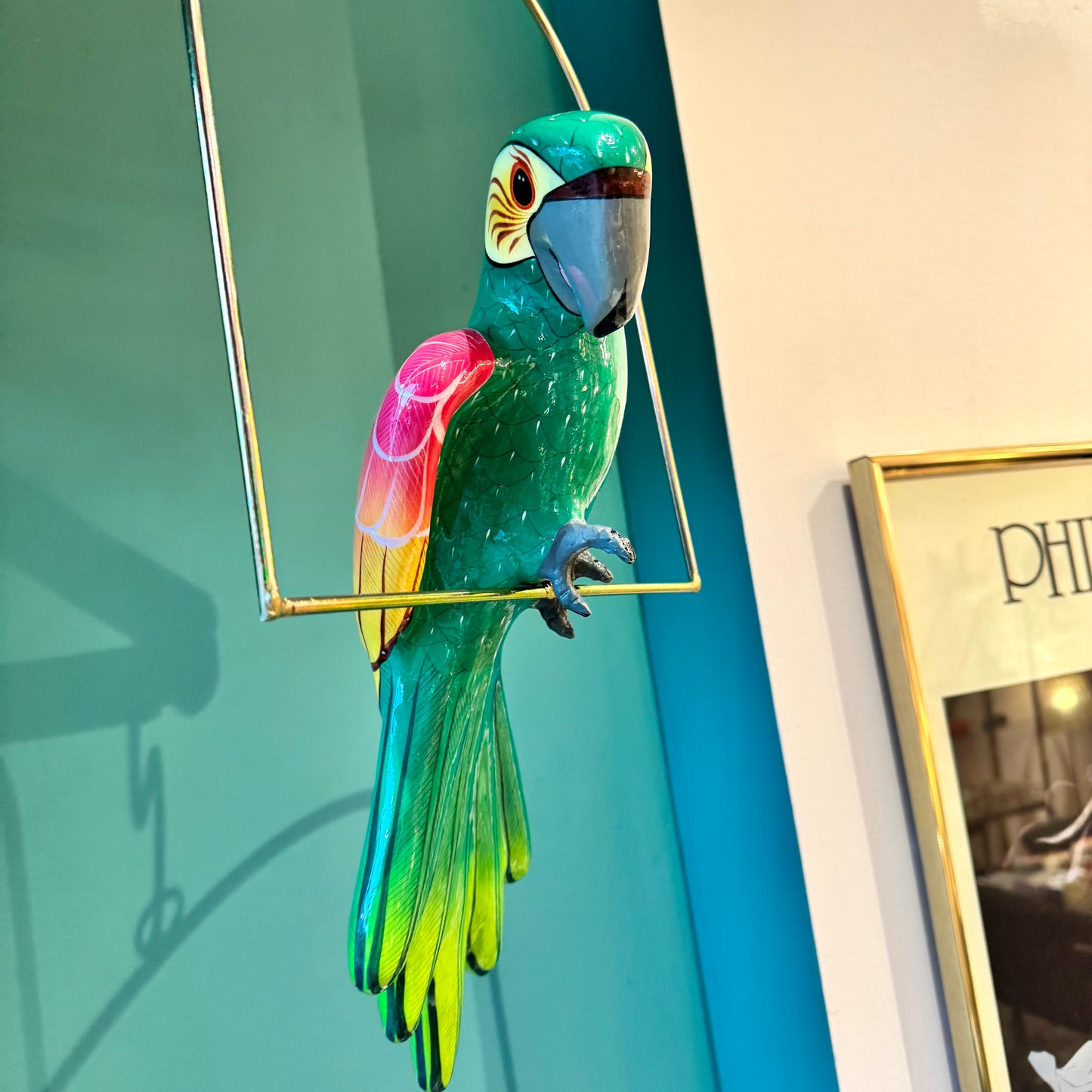 Vintage Papier Maché Parrot Sculpture on Hanging Stand