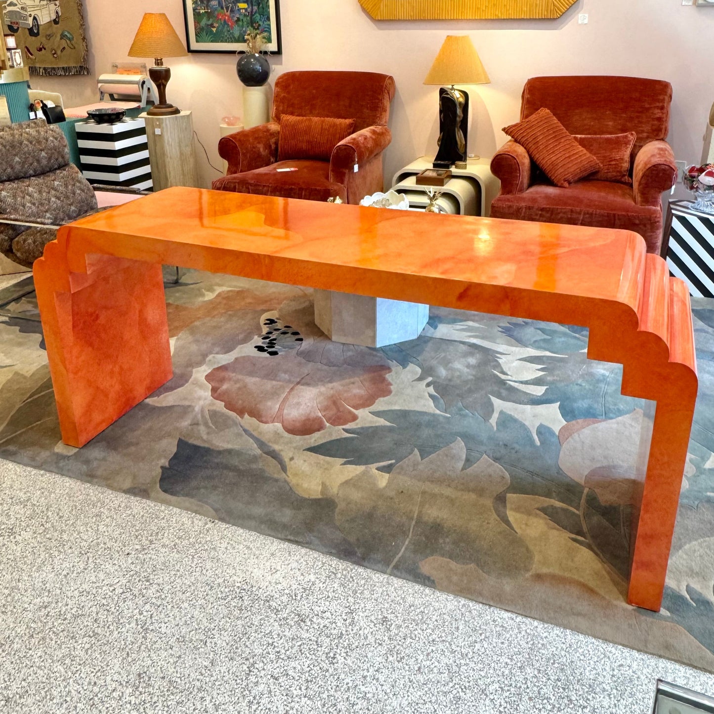 Vintage Postmodern Faux Goatskin Orange Lacquer Console Table