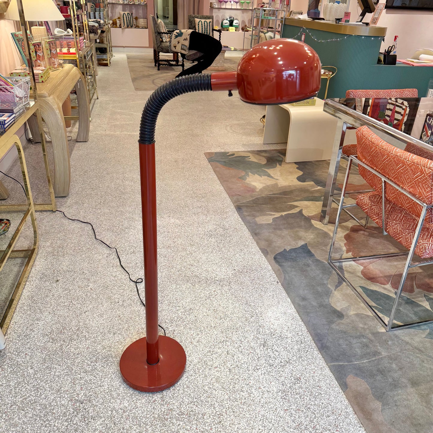 Vintage Postmodern Lightolier Style Red Gooseneck Floor Lamp