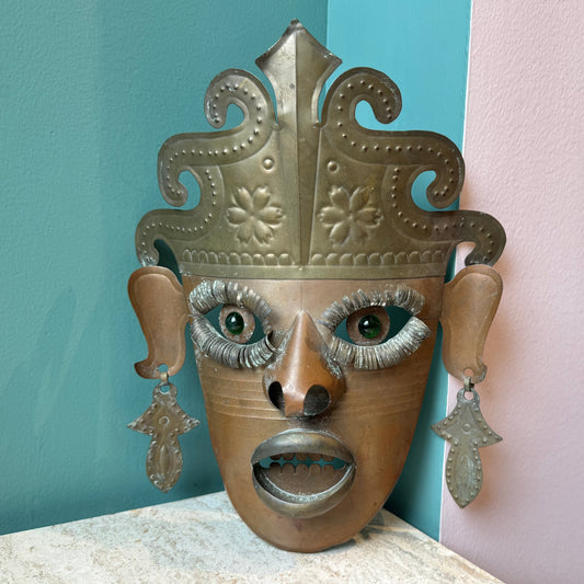 Vintage Mexican Folk Art Decorative Mixed Metal Mask
