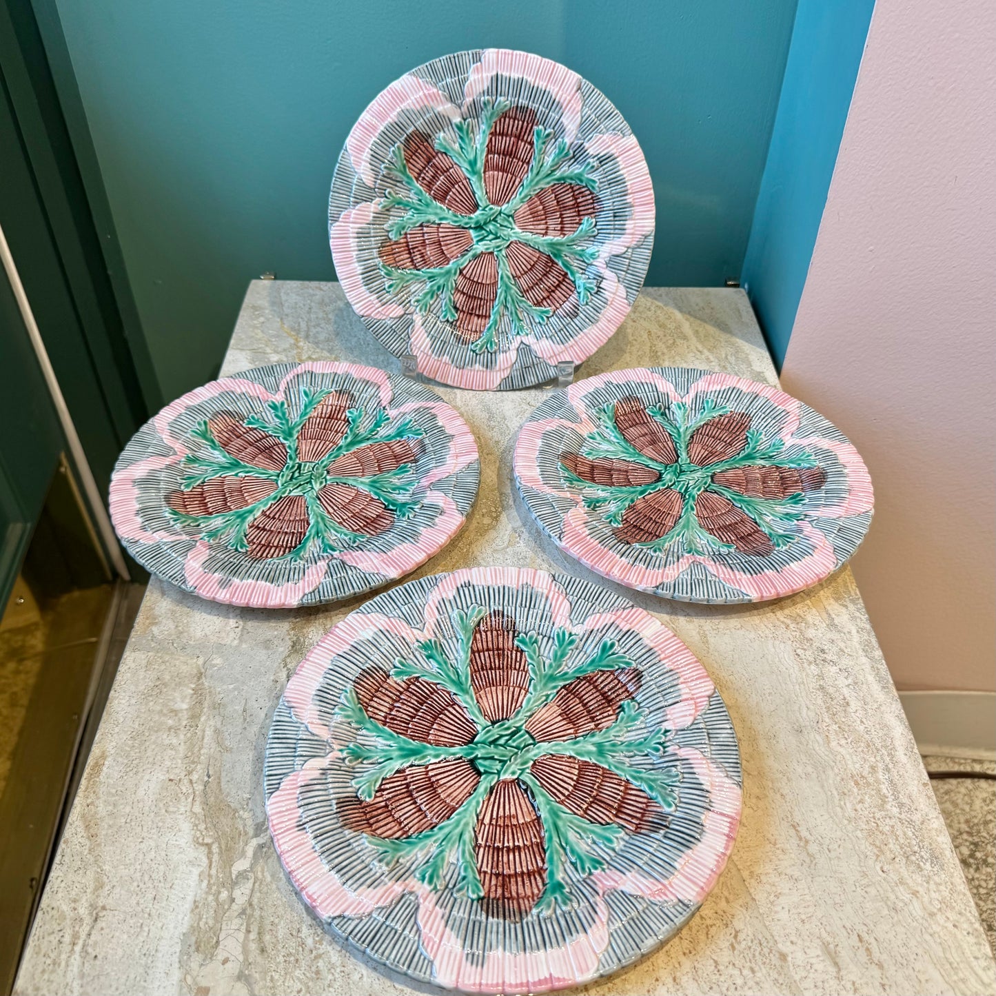 Antique Set of 4 Majolica Shell & Seaweed Appetizer Plates