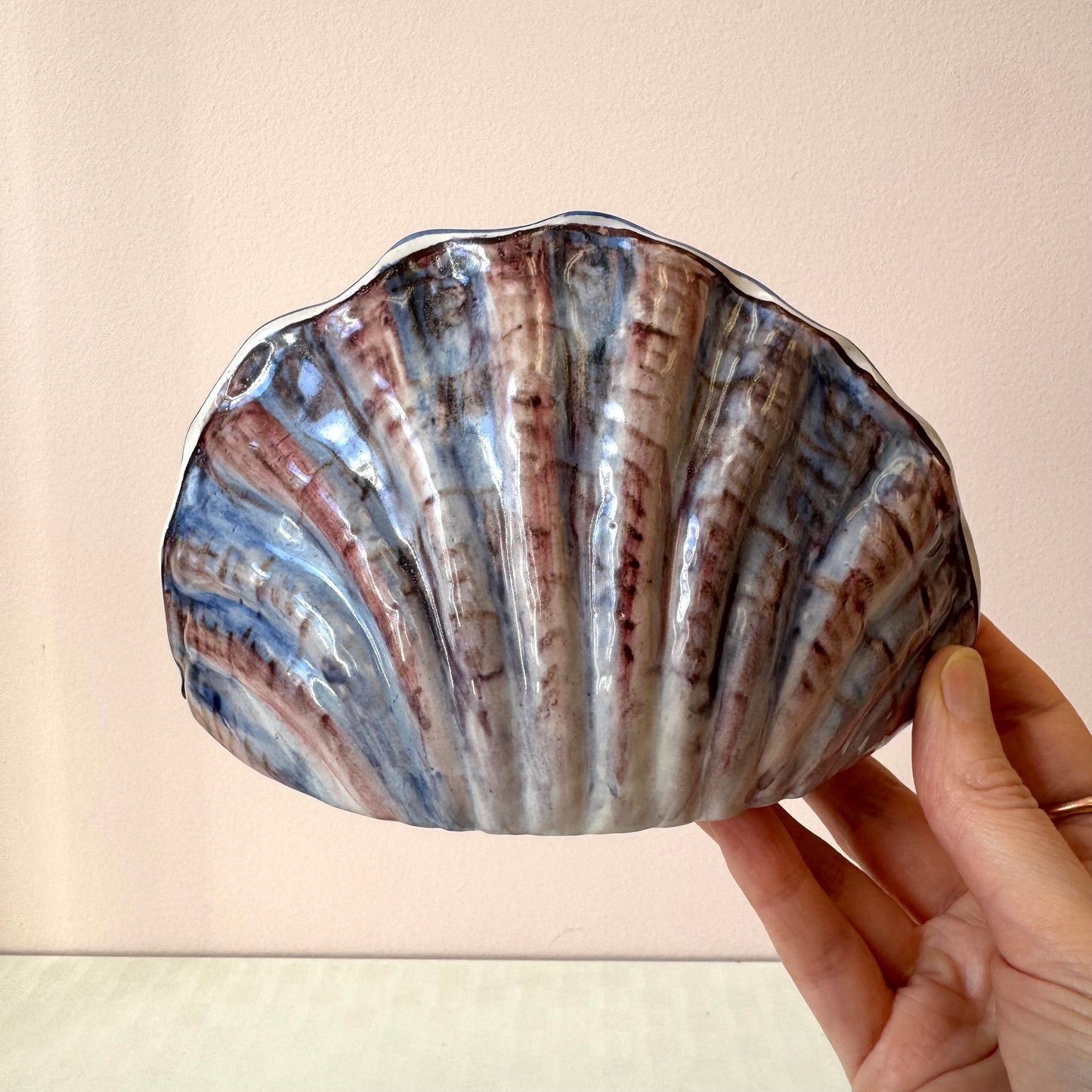 Vintage Ceramic Shell with Floral Decal Wall Pocket