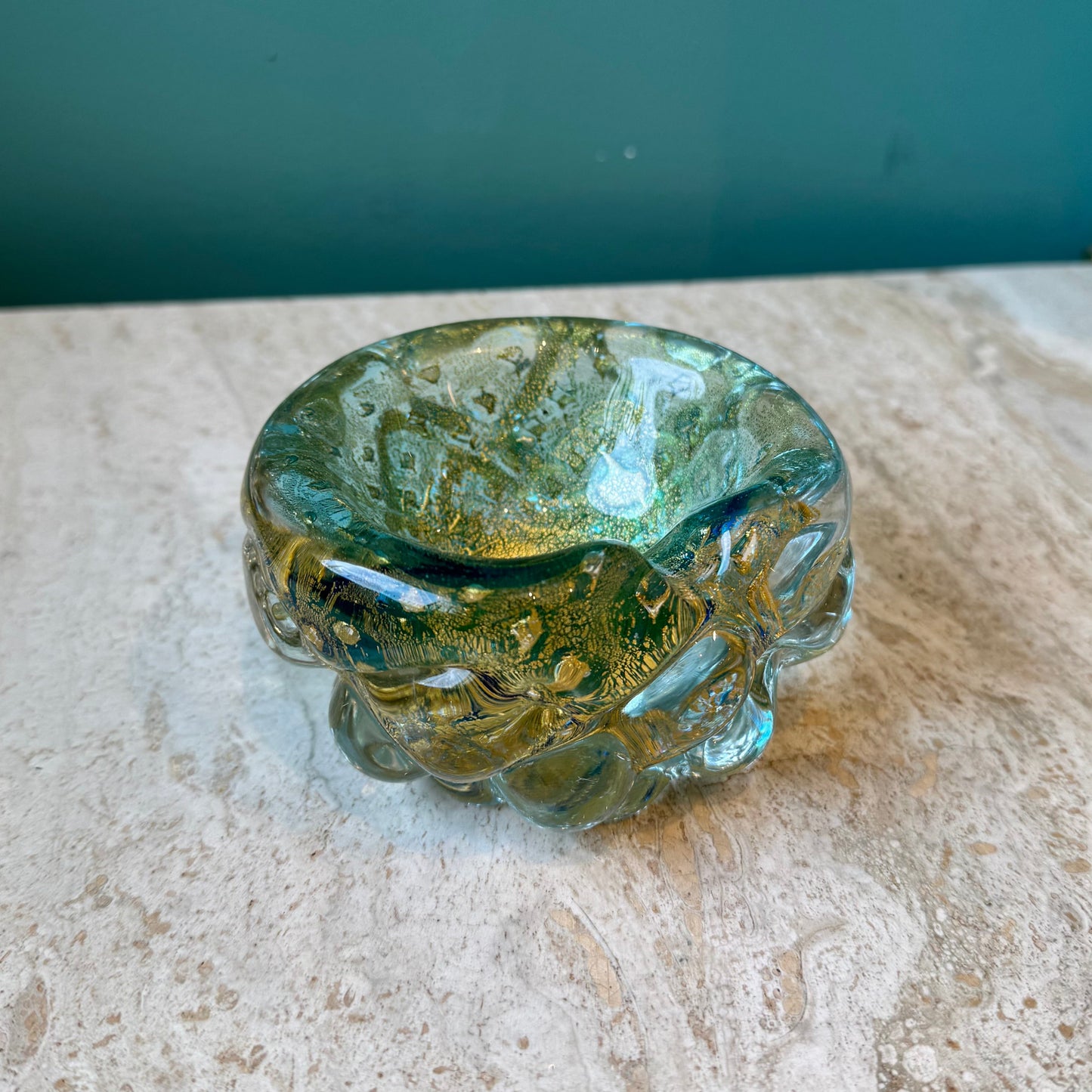 Chunky Vintage Blue and Gold Murano Glass Ashtray