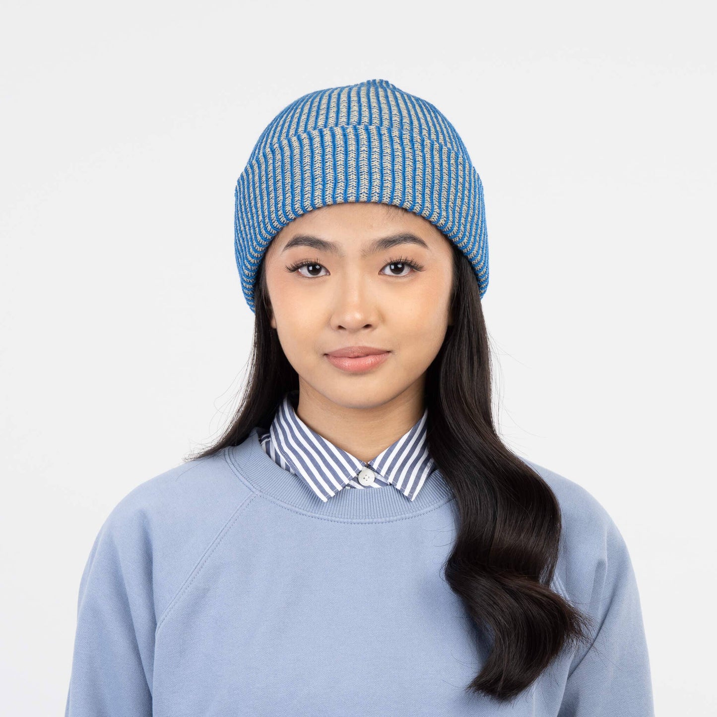 Simple Rib Knit Beanie: Cobalt Sand