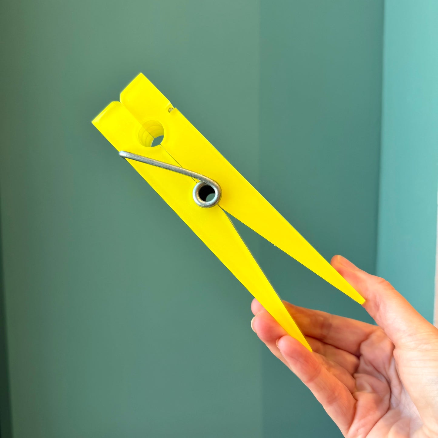 Vintage Mid Century Modern Oversized Bright Yellow Acrylic Clothespin Paperweight