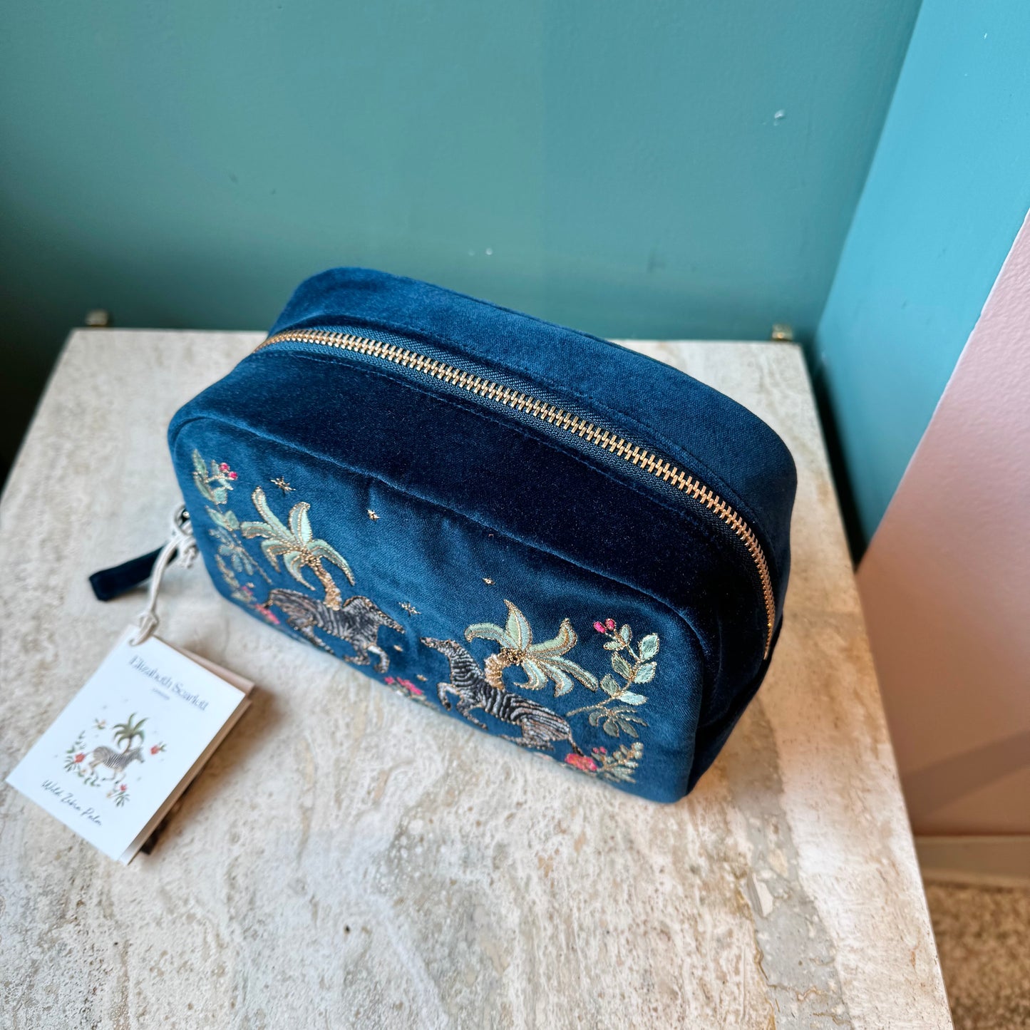 Midnight Blue Wild Zebra Velvet Makeup Bag by Elizabeth Scarlett