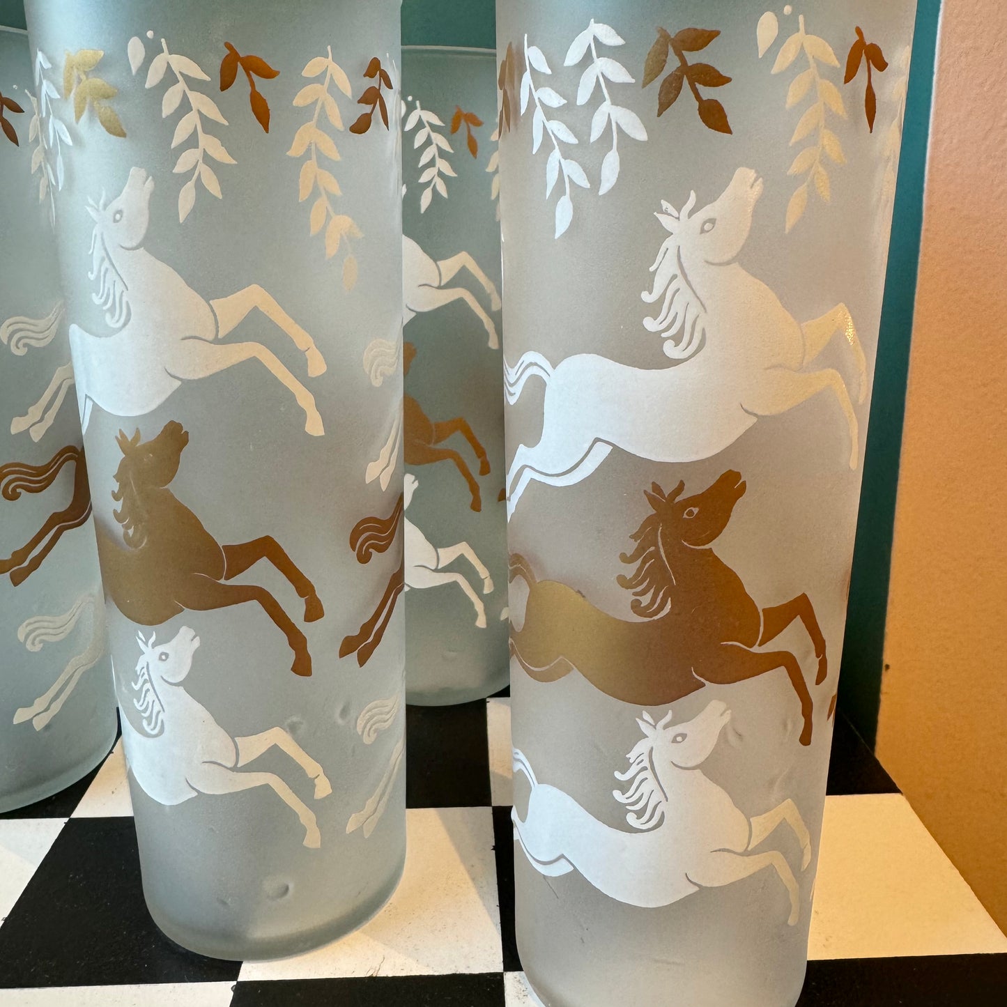 Set of 6 Vintage White and Gold Horse Frosted Highball Glasses