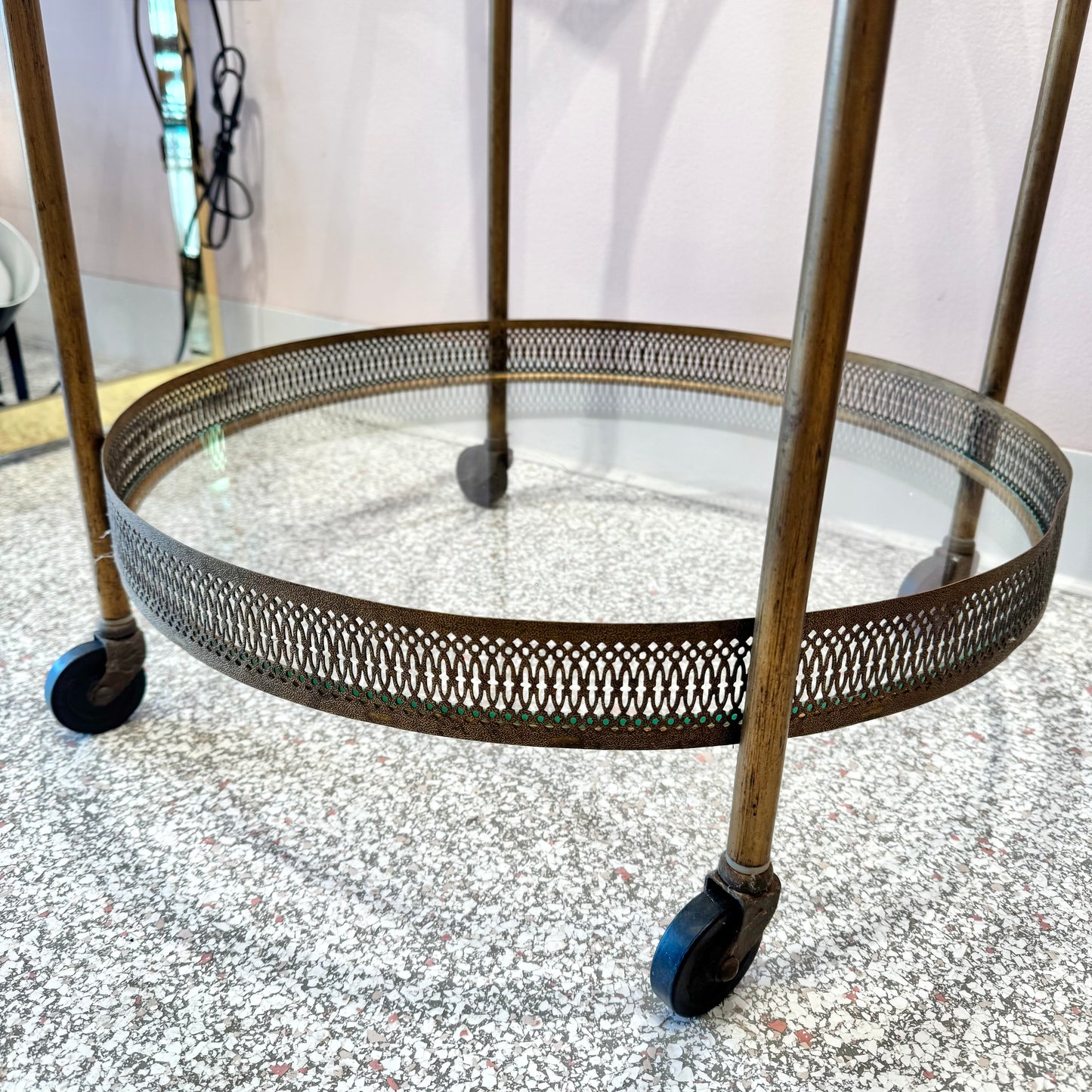 Vintage Mid Century Round Brass and Glass Rolling Bar Cart