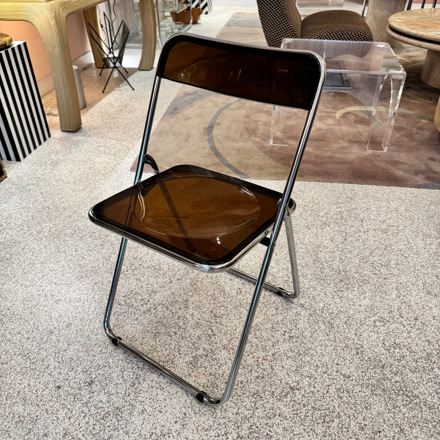 Vintage Italian Smoked Brown Lucite and Chrome Folding Chair