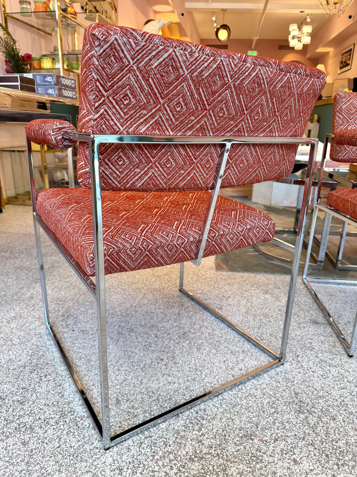 Vintage Set of 4 Milo Baughman '1188' Chrome and Orange Wool Dining Chairs