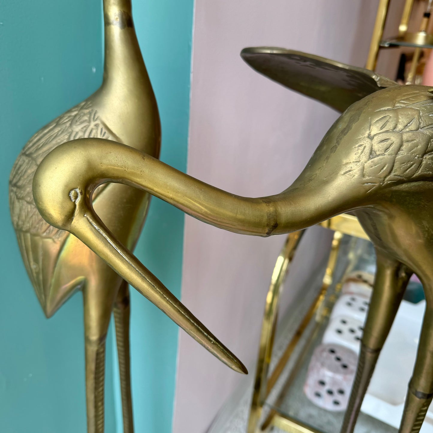 Pair of Extra Large Vintage Brass Crane Birds