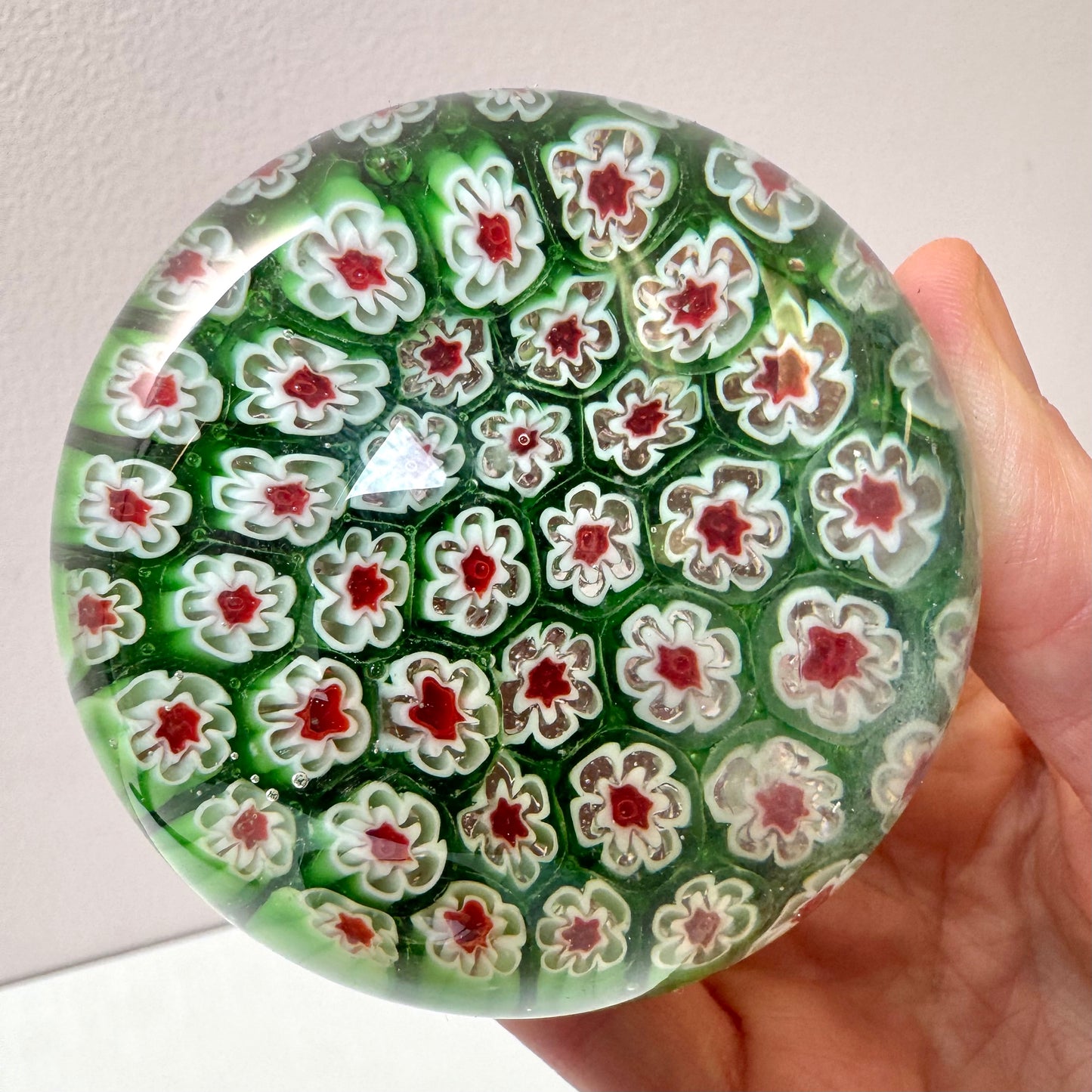 Vintage Green, Red and White Millefiori Paperweight