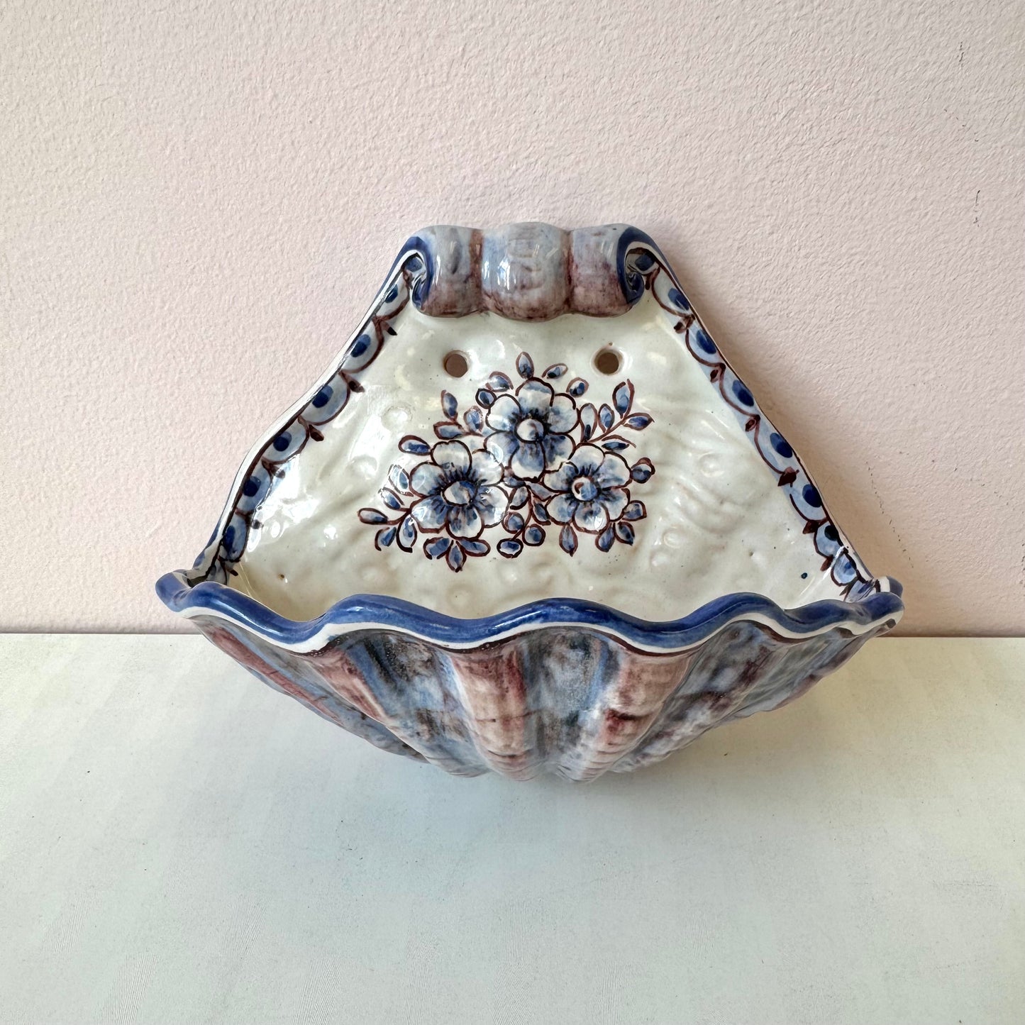 Vintage Ceramic Shell with Floral Decal Wall Pocket