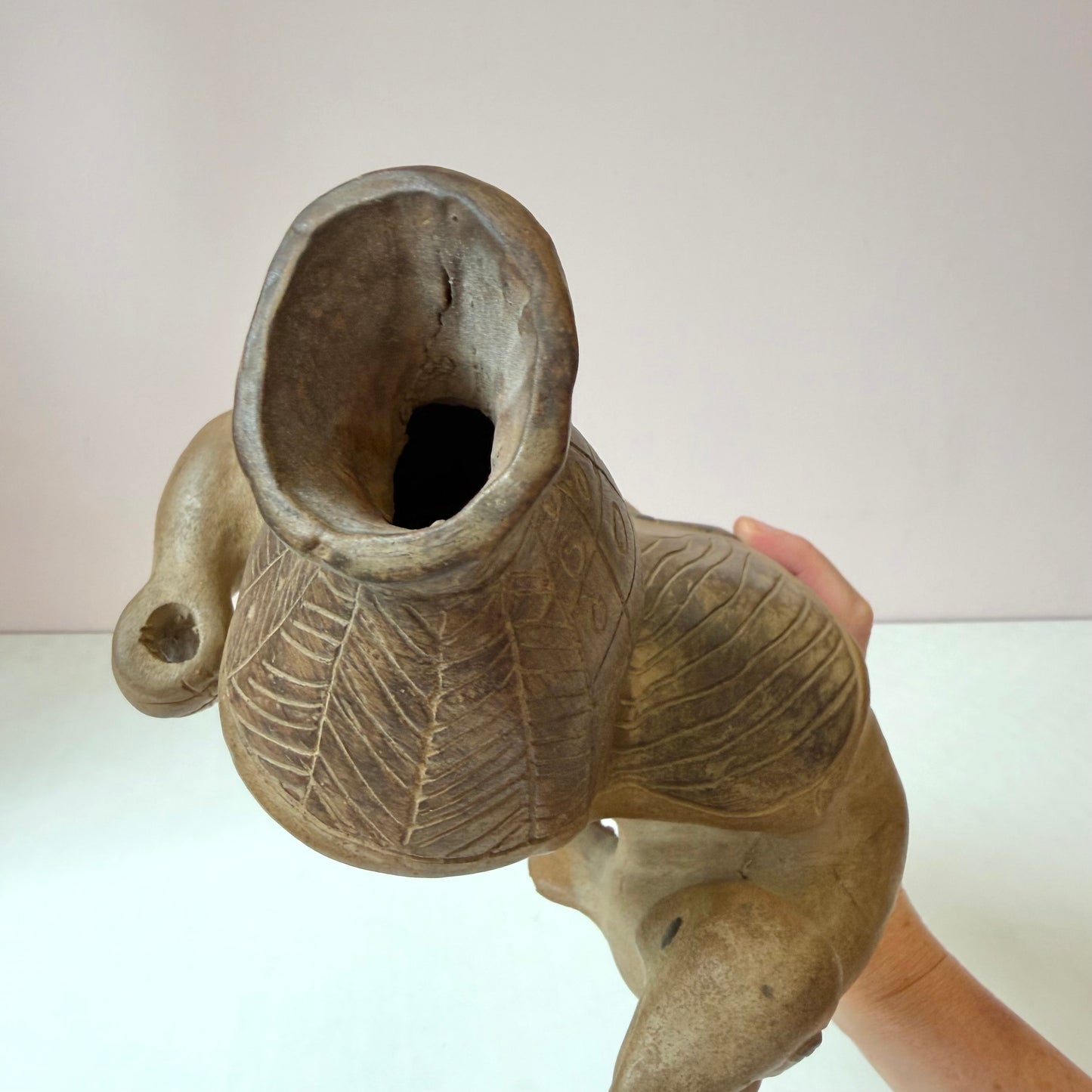 Vintage Mid-Century Aztec Style 'Warrior/Hunter Holding Bird' Clay Pottery Vase