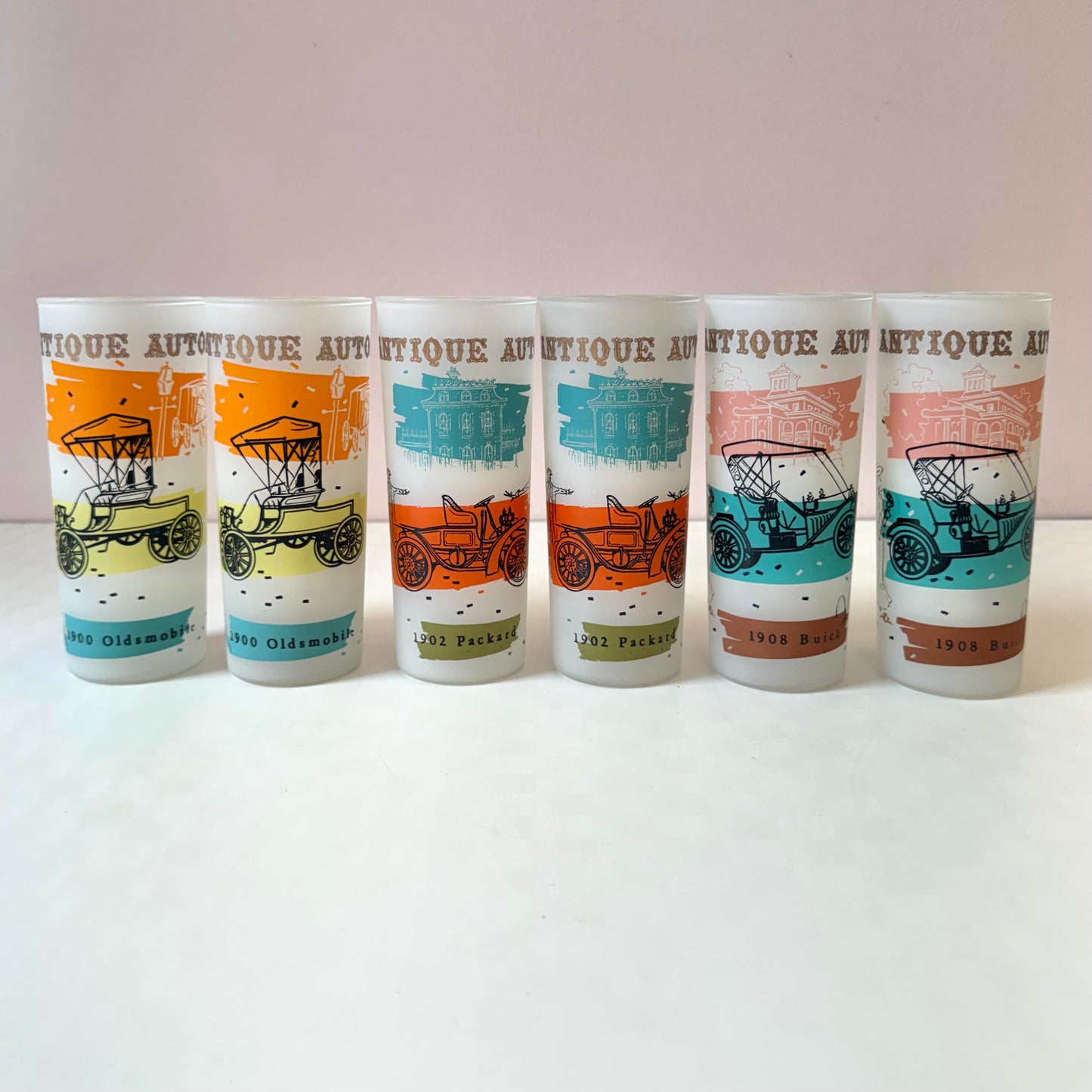 Vintage Set of 6 Anchor Hocking “Antique Autos” Frosted Glass Tumblers