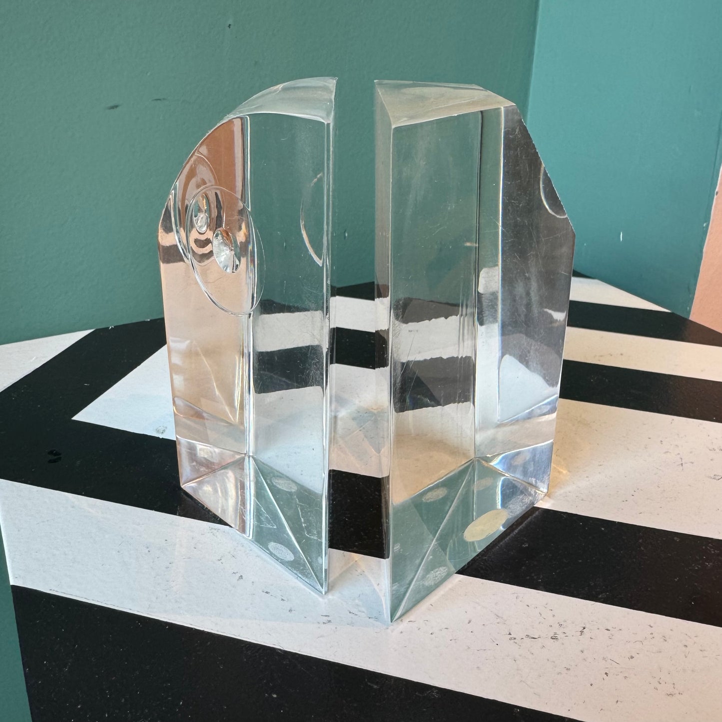 Pair of Vintage Lucite Owl Triangular Block Bookends by Will Hardy