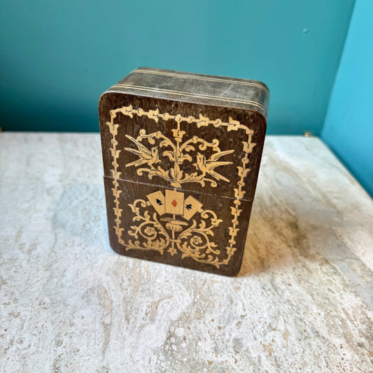 Antique Wooden Playing Card Box with Cards