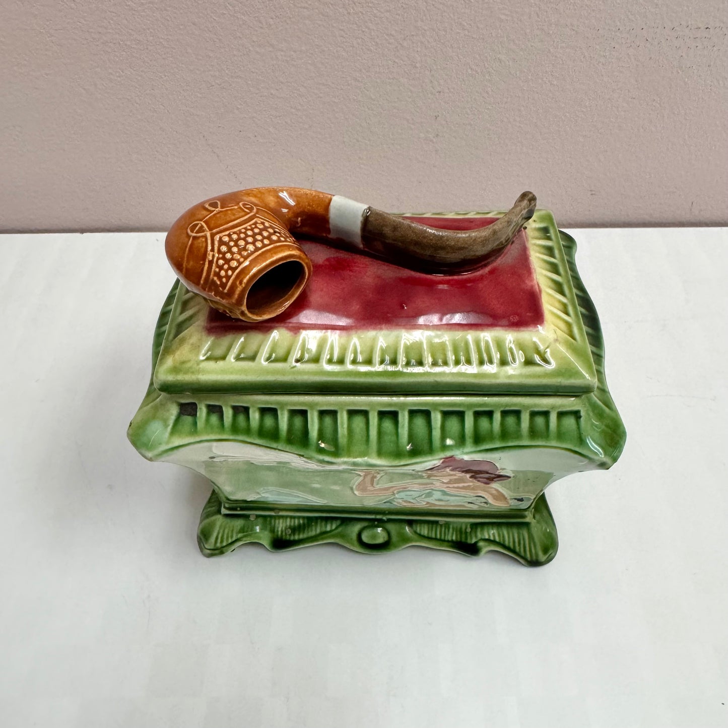 Antique Art Deco Smoking Lady Majolica Pipe Lidded Box