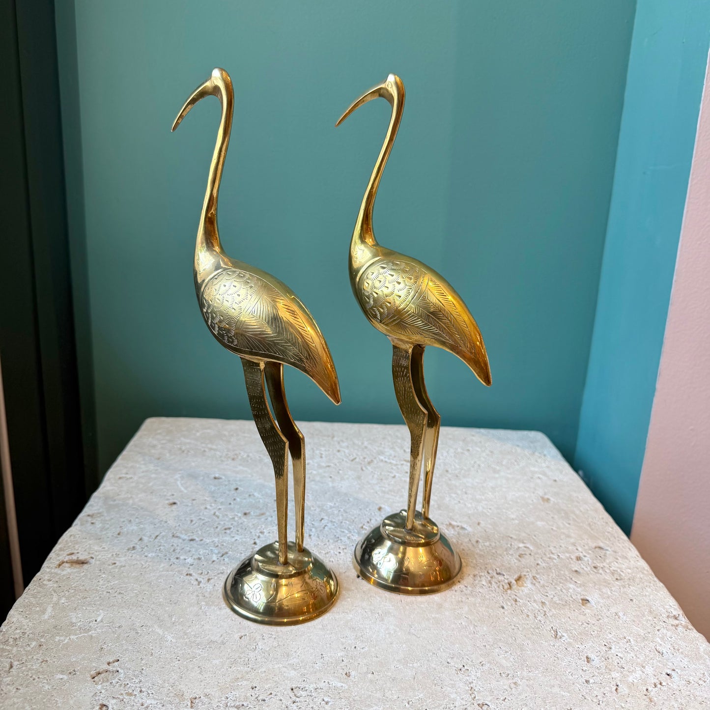 Vintage Pair of Brass Etched Cranes