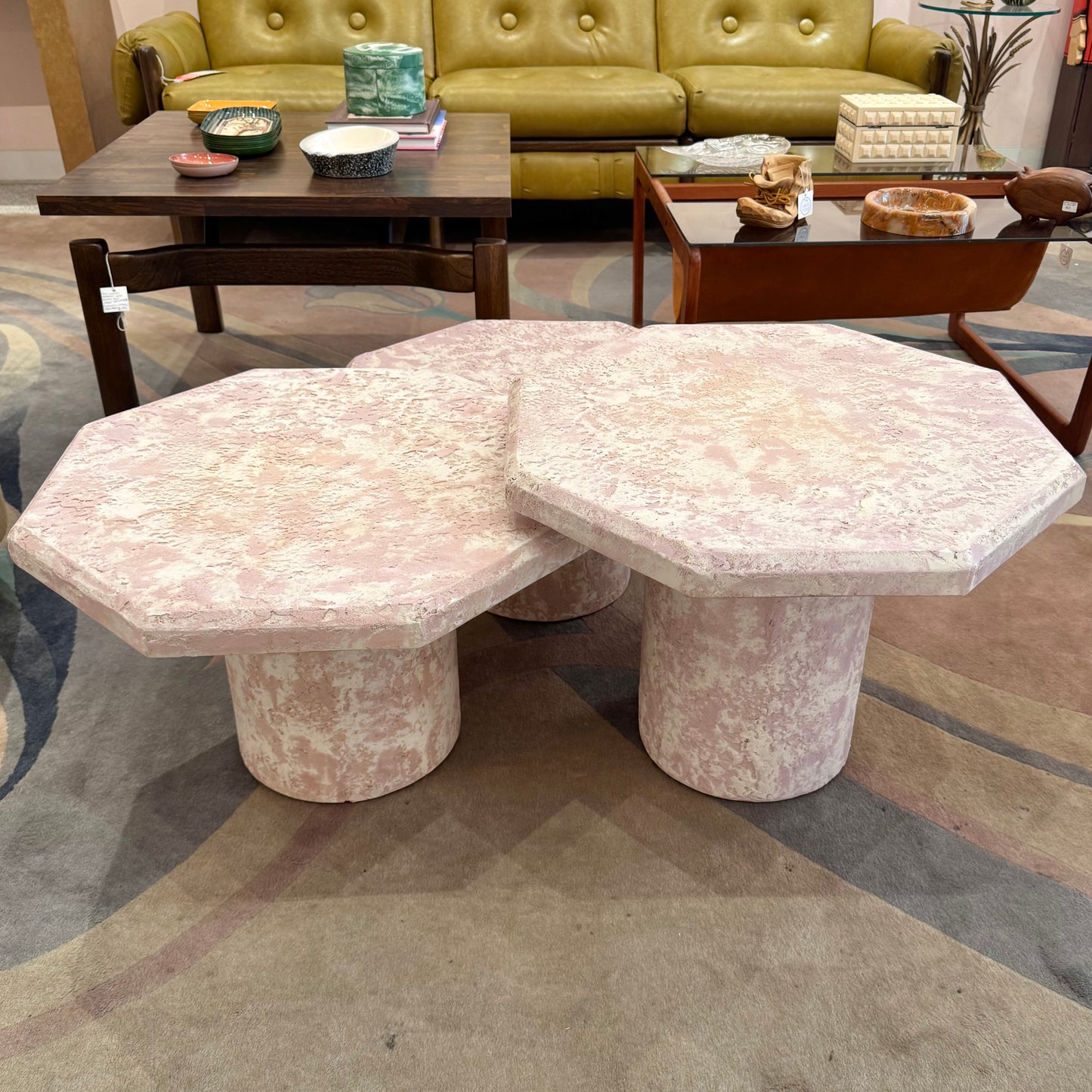Vintage Set of 3 Pale Pink Octagonal Faux Stone Nesting Tables