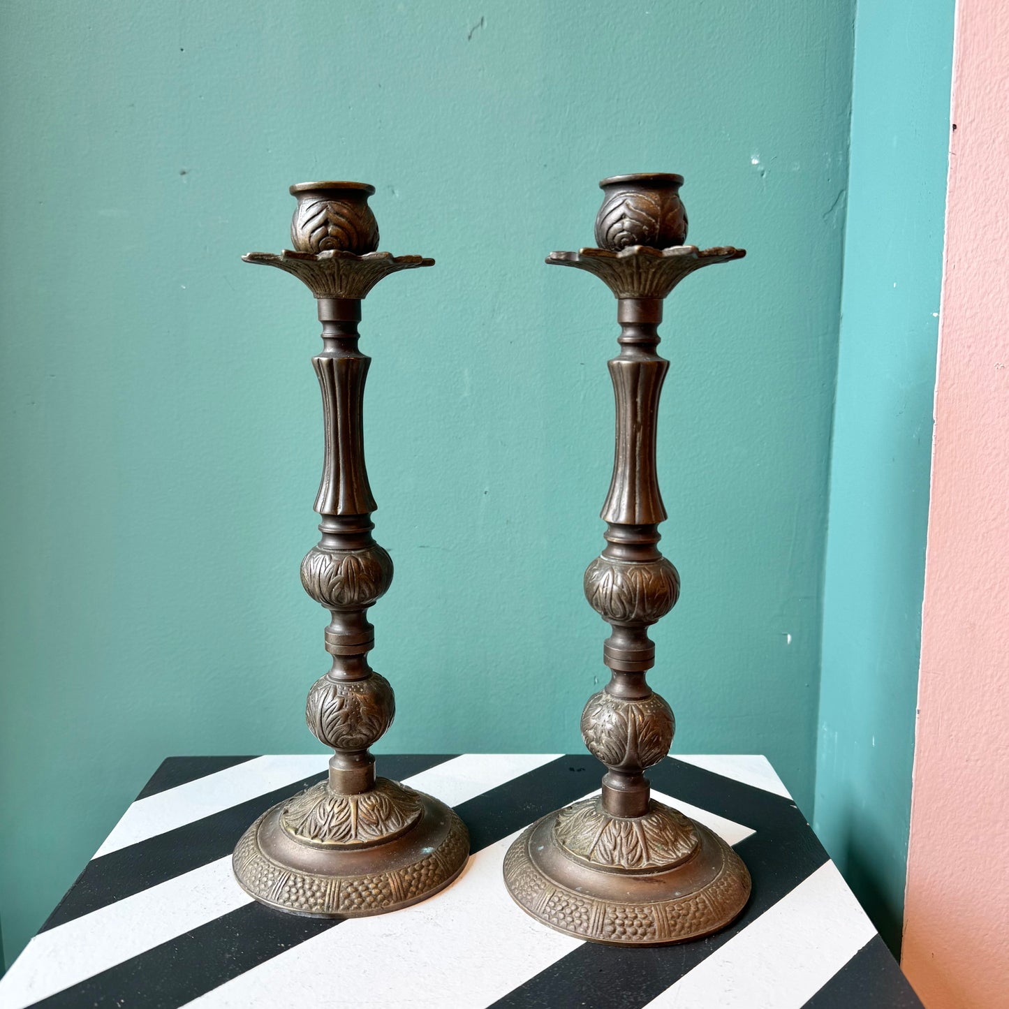 Vintage Pair Ornate Brass Candle Holders