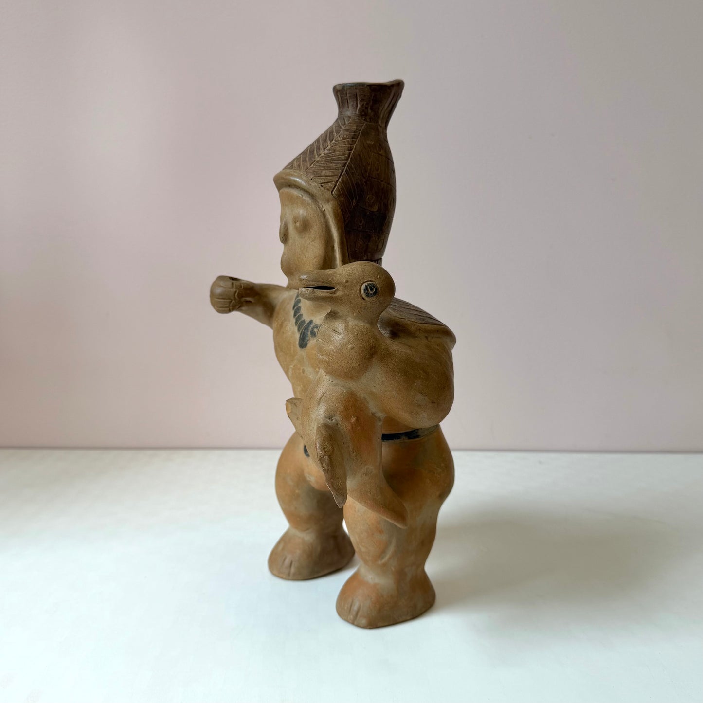 Vintage Mid-Century Aztec Style 'Warrior/Hunter Holding Bird' Clay Pottery Vase