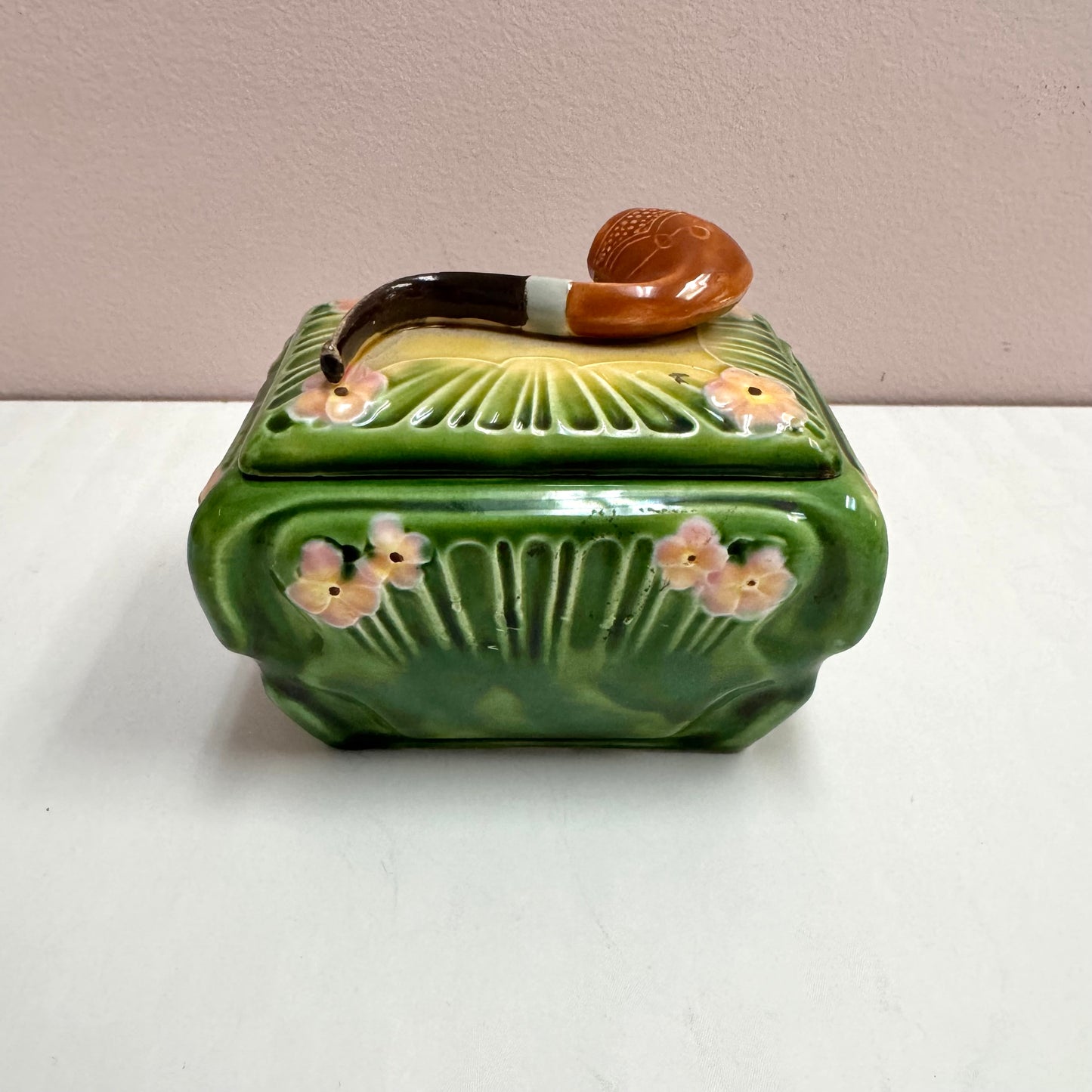 Antique Green Majolica Pipe Lidded Box