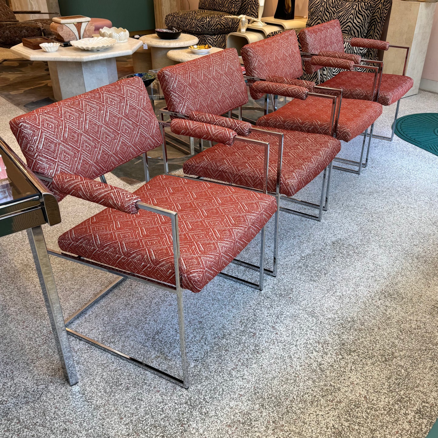 Vintage Set of 4 Milo Baughman '1188' Chrome and Orange Wool Dining Chairs