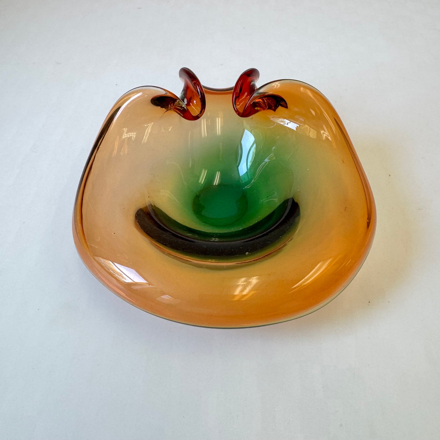 Vintage Murano Glass Style Curled Edge Green and Orange Sommerso Catchall Bowl