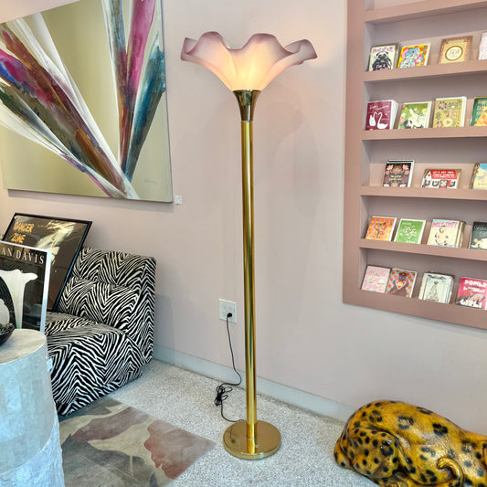 Vintage Pink Acrylic and Brass Flower Floor Lamp