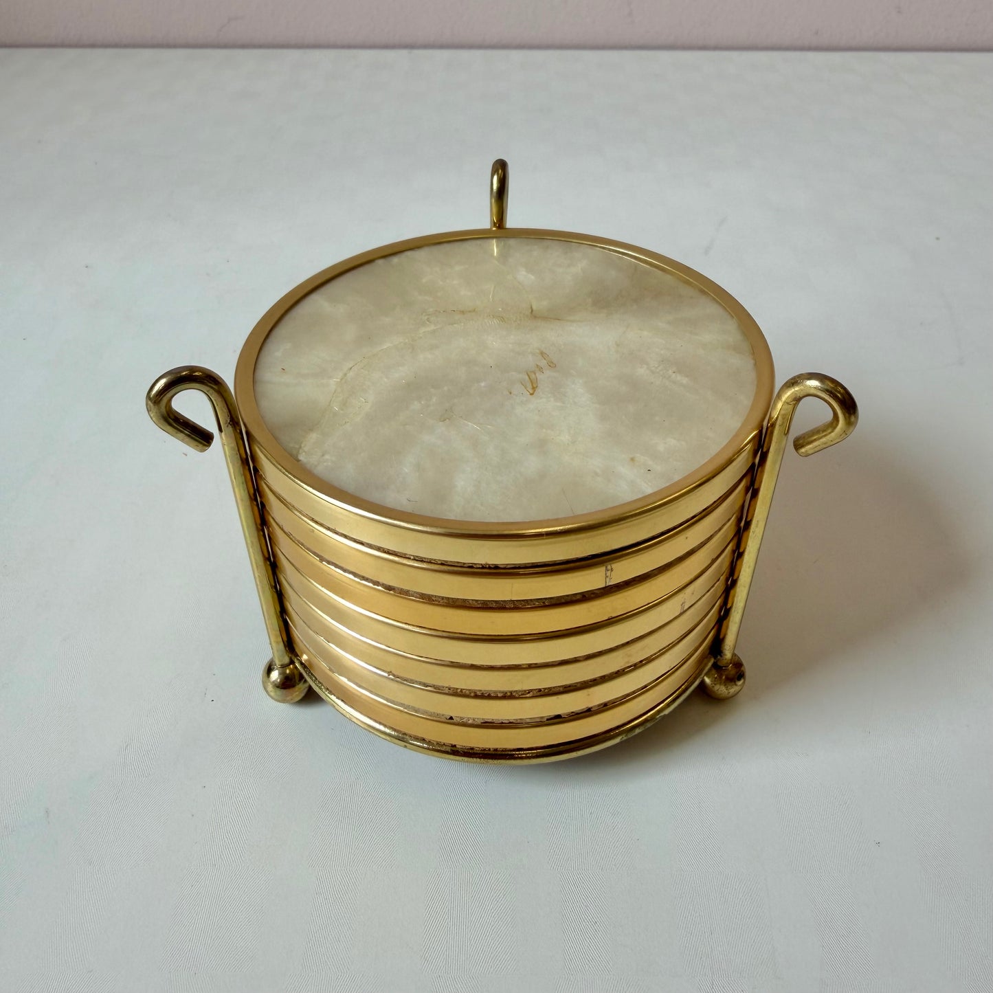 Vintage Capiz Shell and Brass Coaster Set with Caddy