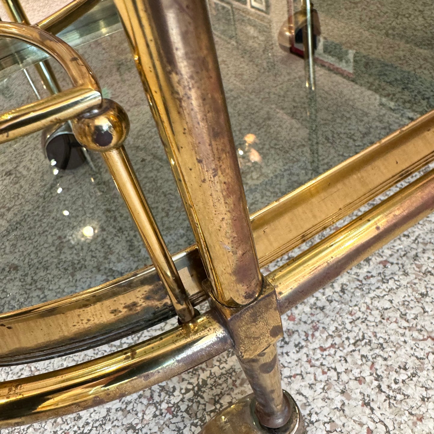 Vintage Oval Brass and Smoked Glass Rolling Bar Cart