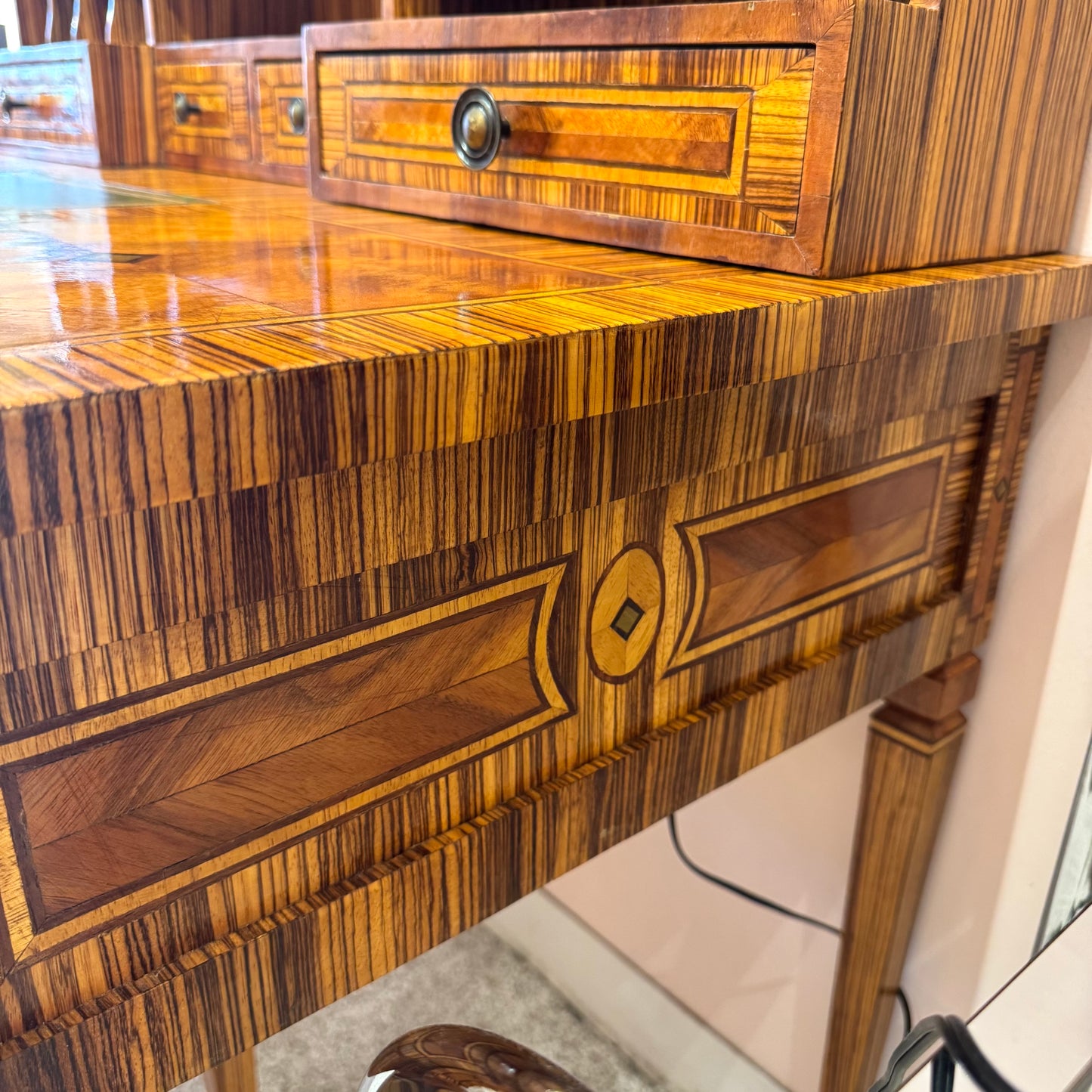 Vintage Carlton House Style Marquetry Writing Desk and Stool