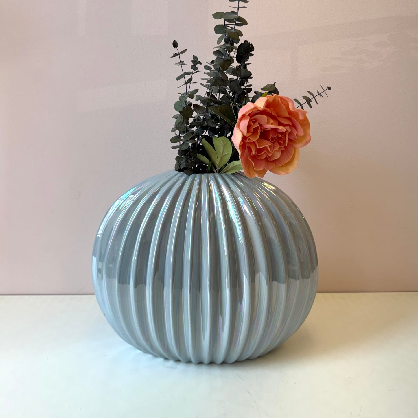 Vintage Pale Blue Opalescent Ribbed Vase