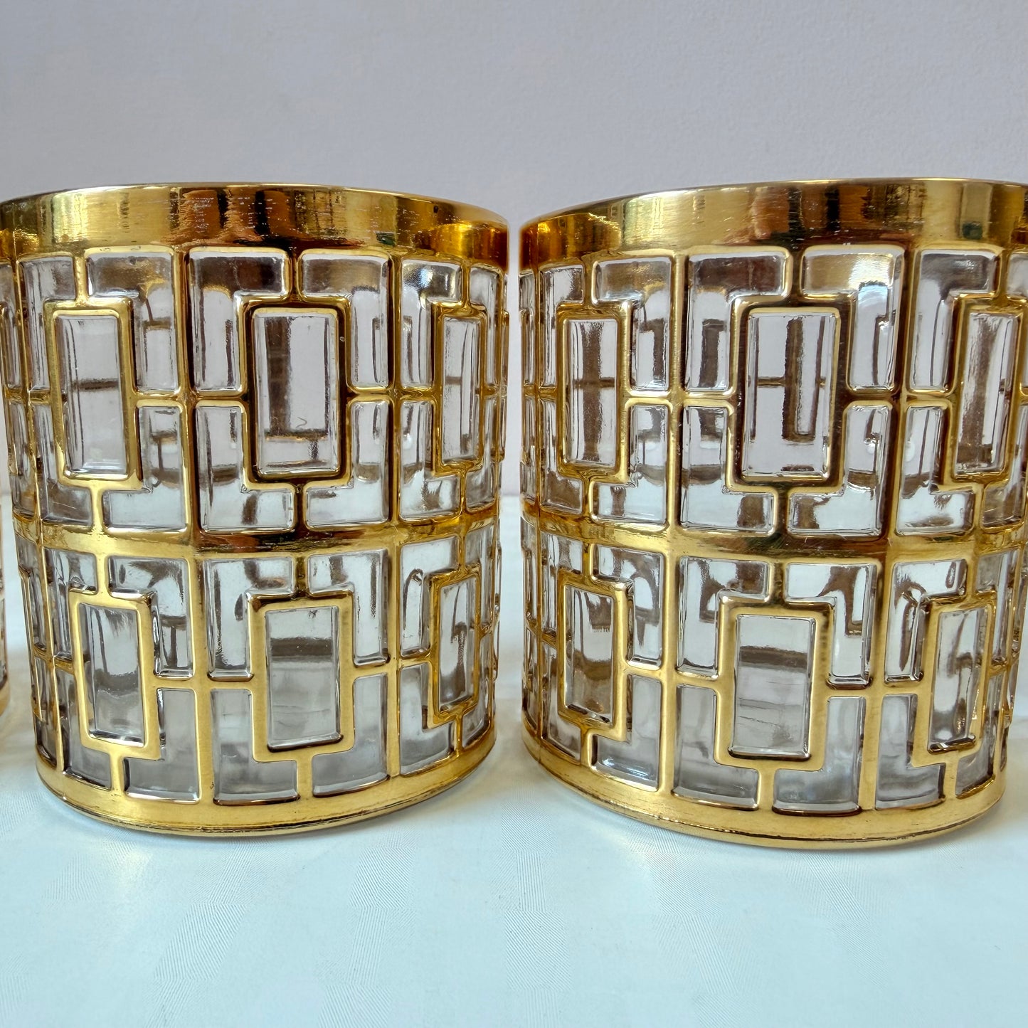 Vintage Set of 4 Imperial Glass Company Tumbler Glasses in the Gold Shoji Pattern