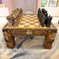 Vintage Mid-Century Carved Chess Board Coffee Table with Chess Pieces