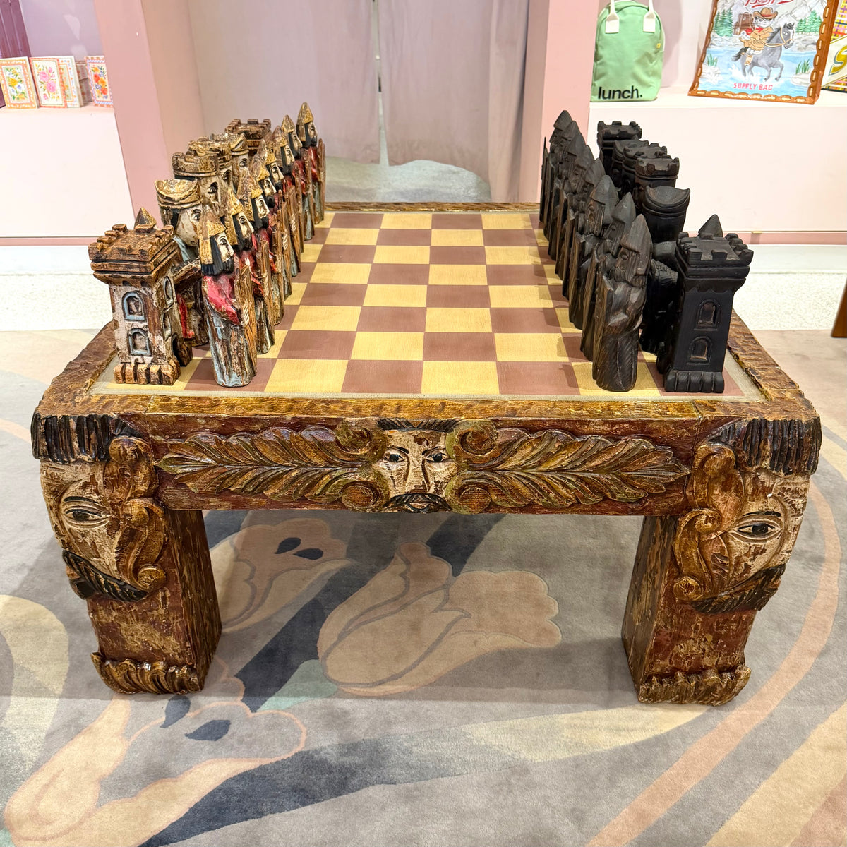 Vintage Mid-Century Carved Chess Board Coffee Table with Chess Pieces