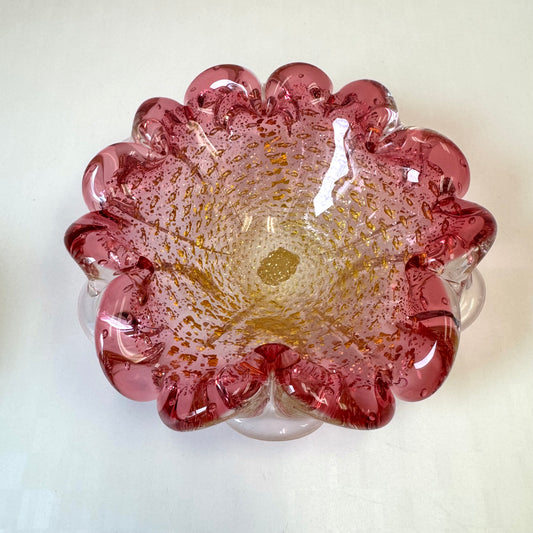 Vintage Pink and Gold Leaf Murano Glass Bowl