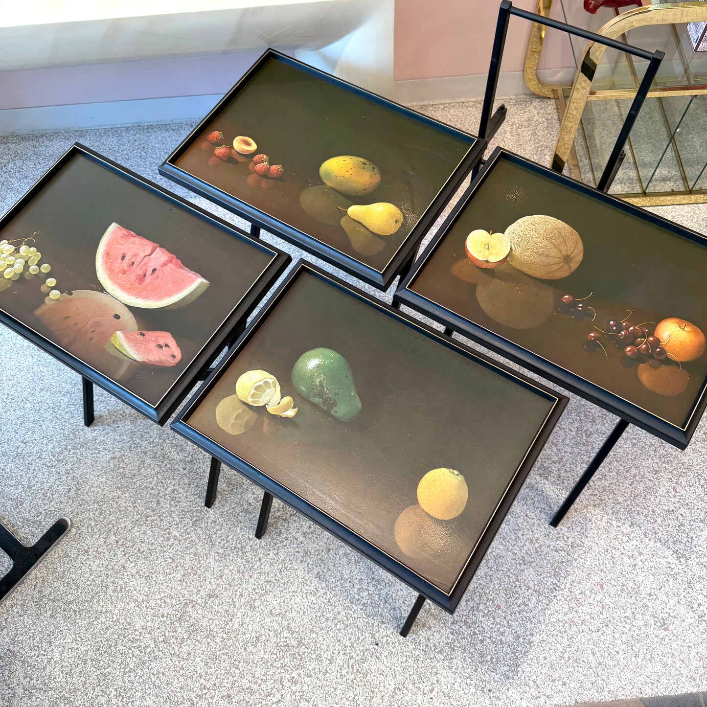 Set of 4 Vintage 1960’s Still Life Fruit Folding Tables with Stand by Artex