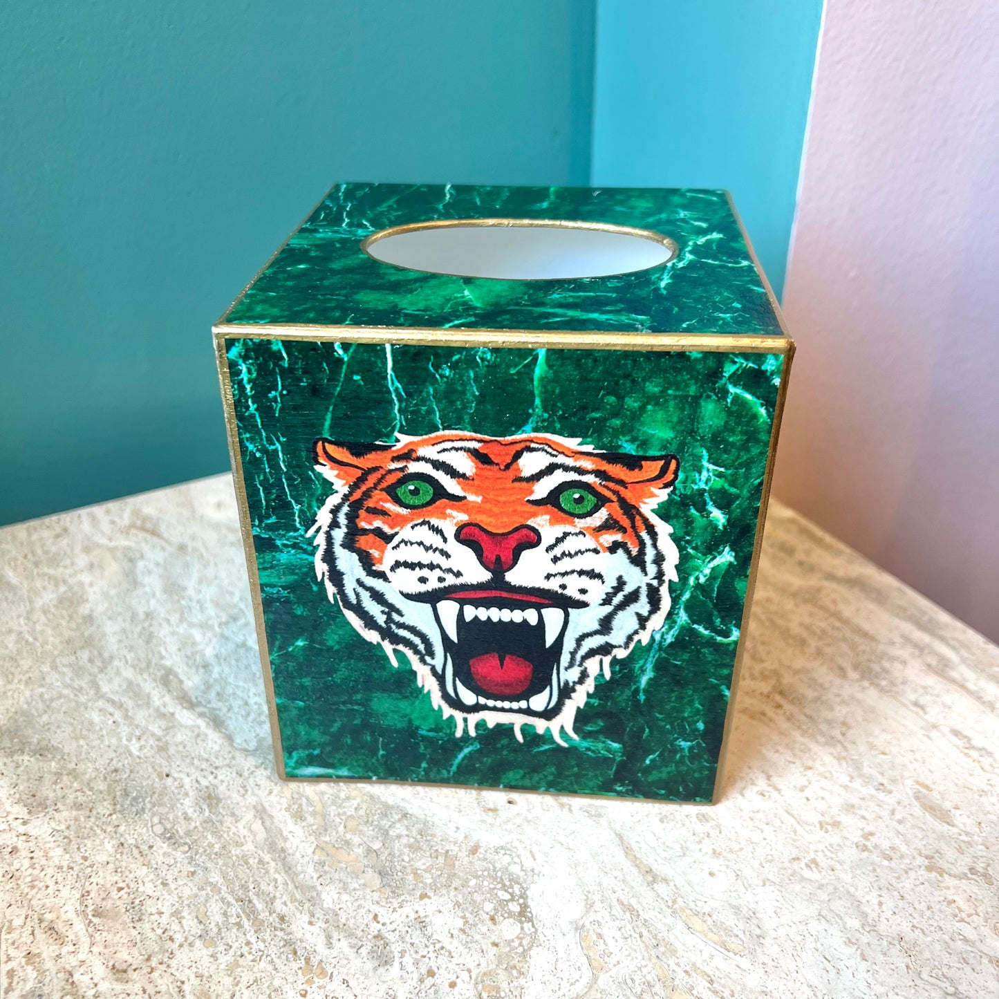 Tiger on Malachite Tissue Box Cover